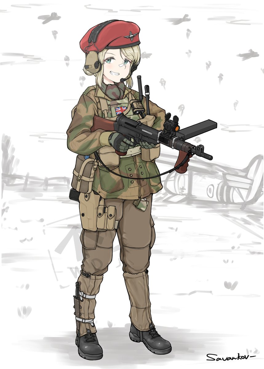 1girl beret blonde_hair blue_eyes british_army full_body gun hat headset highres holding holding_gun holding_weapon holster knee_strap knife load_bearing_vest looking_at_viewer medium_hair military_combat_uniform military_uniform original paratrooper pouch savankov scope sheath soldier solo sten_gun submachine_gun union_jack weapon