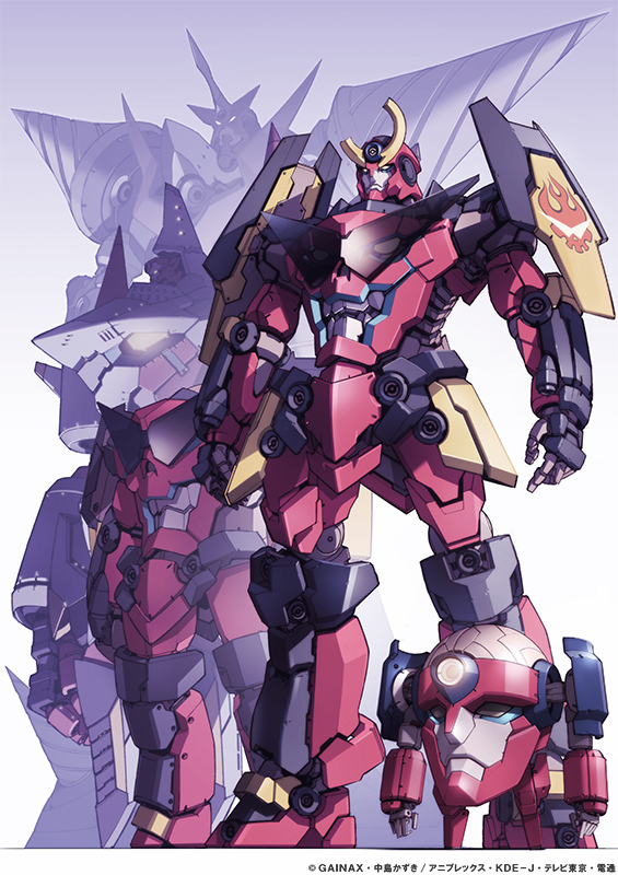 00s arc_gurren-lagann armor arms_at_sides bad_id chouginga_gurren-lagann drill ebikawa_kanetake full_body gainaxtop glowing glowing_eye gurren gurren-lagann lagann mecha no_humans official_art purple_background robot simple_background size_difference standing sunglasses tengen_toppa_gurren_lagann yellow_eyes