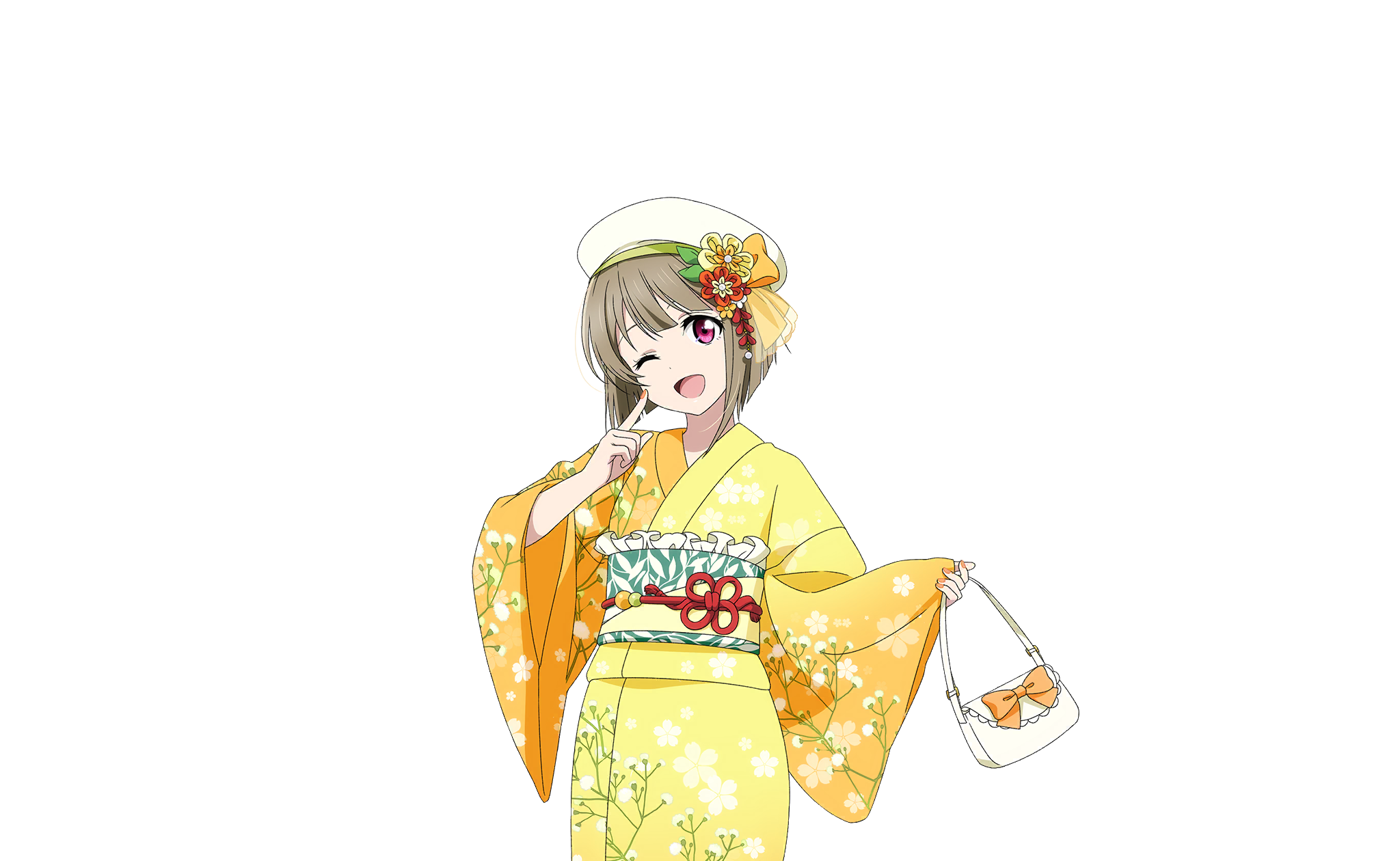 1girl bag blunt_bangs bob_cut bow brown_hair commentary cowboy_shot floral_print flower frills hair_ornament handbag hands_up hat hat_flower hat_ribbon highres holding holding_bag index_finger_raised japanese_clothes kimono long_sleeves looking_at_viewer love_live! love_live!_nijigasaki_high_school_idol_club love_live!_school_idol_festival_2 multiple_girls nakasu_kasumi obi obijime official_art open_mouth orange_ribbon pointing pointing_at_self print_kimono red_eyes red_flower ribbon sash short_hair smile solo transparent_background white_bag white_hat yellow_flower yellow_kimono yukata