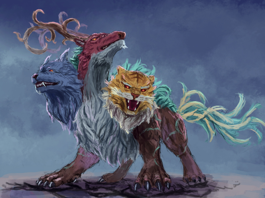 antlers black_claws blue_fur body_markings broken_ground chimera chimera_(grimms_notes) deer deer_antlers fangs grimms_notes horns monster neko_no_hoppe no_humans open_mouth red_fur solo tail teeth tiger white_fur wolf yellow_fur
