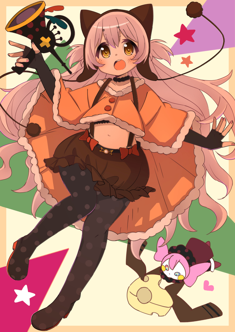 1girl animal_ear_headwear animal_ears beanie black_choker black_footwear black_gloves black_shirt boots border bow bow_skirt brown_eyes brown_hat brown_skirt bubble_gun bubble_skirt buttons capelet cat_ears charlotte_(madoka_magica) cheese choker crop_top dot_nose dual_persona earflap_beanie eating elbow_gloves eyelashes fake_animal_ears fingerless_gloves fingernails floating_clothes food frilled_skirt frills full_body fur-trimmed_capelet fur_choker fur_trim gloves gun hair_through_headwear happy hat heart holding holding_gun holding_weapon light_blush long_hair magical_girl mahou_shoujo_madoka_magica mahou_shoujo_madoka_magica:_hangyaku_no_monogatari midriff miniskirt momoe_nagisa momoe_nagisa_(magical_girl) navel open_mouth orange_border orange_bow orange_capelet outside_border polka_dot_footwear pom_pom_(clothes) ringed_eyes rubber_boots shirt skirt smile standing star_(symbol) suspender_skirt suspenders tareme teeth thigh_boots two_side_up upper_teeth_only urei-hibino very_long_hair weapon white_background white_hair witch_(madoka_magica)