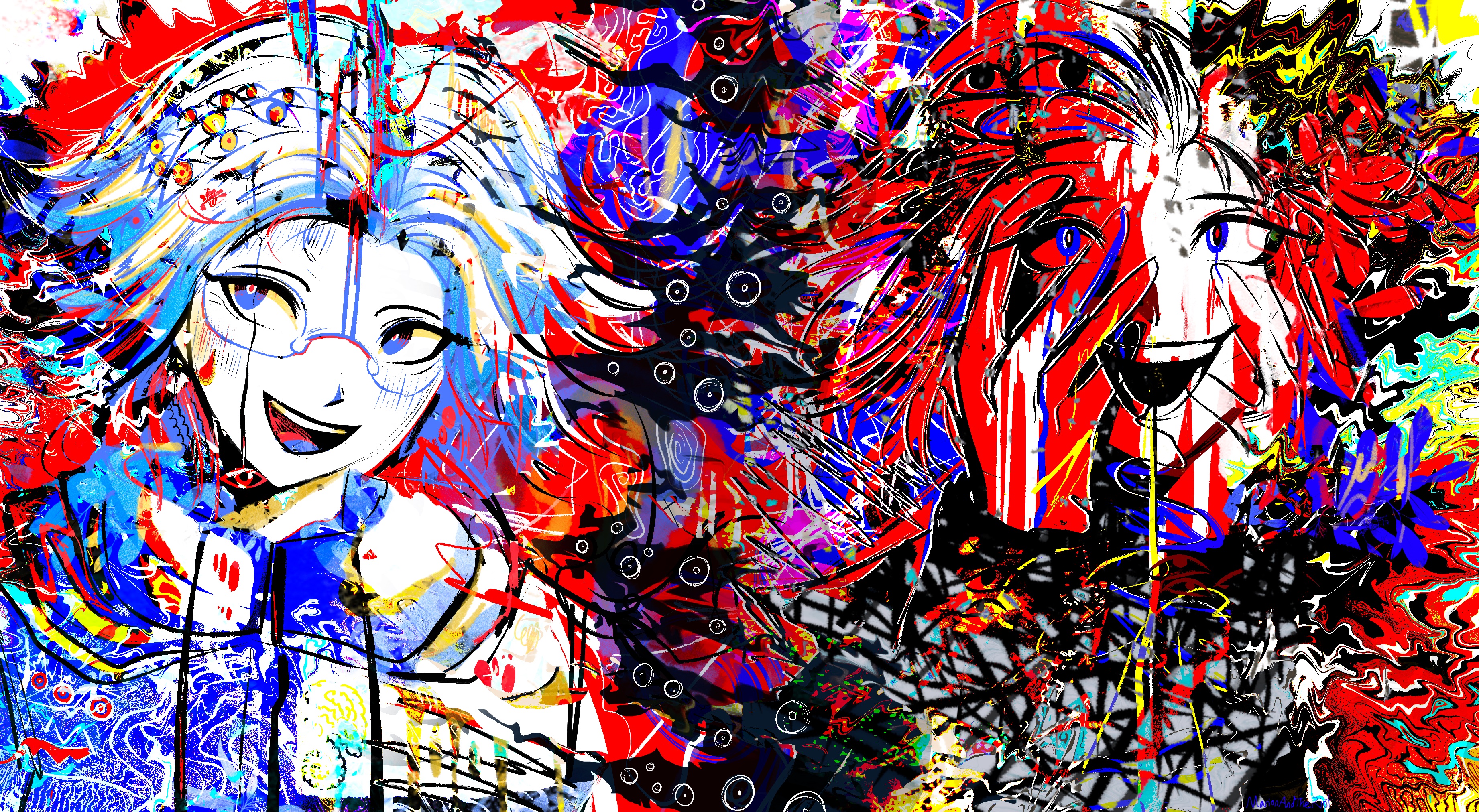 1boy :d abstract absurdres aotsuki_eito blue_eyes blush colorful commentary disembodied_eye distortion dual_persona english_commentary glasses hair_slicked_back hands_on_own_face highres hood hood_down hooded_jacket jacket long_sleeves looking_at_viewer male_focus marionxxxxxxxxx open_mouth parted_bangs psychedelic short_hair smile spoilers surreal the_hundred_line_-last_defense_academy-
