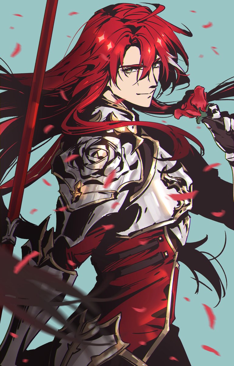 1boy amalgam4242 argenti_(honkai:_star_rail) armor blue_background closed_mouth commentary curtained_hair falling_petals flower gloves green_eyes hair_between_eyes highres holding holding_flower holding_polearm holding_weapon honkai:_star_rail honkai_(series) long_hair long_sleeves looking_at_viewer male_focus multicolored_hair petals polearm red_flower red_hair red_rose rose shoulder_armor smile solo streaked_hair upper_body weapon