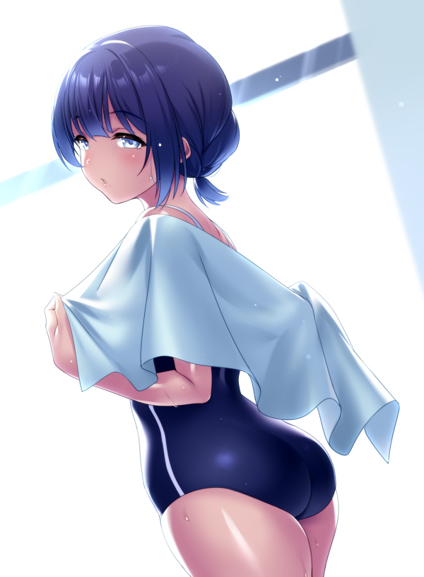 1girl ass blue_eyes blue_hair dutch_angle gakuen_idolmaster hataya_misuzu idolmaster looking_at_viewer looking_back mole mole_under_mouth school_swimsuit short_hair solo swimsuit towel zen_(kamuro)