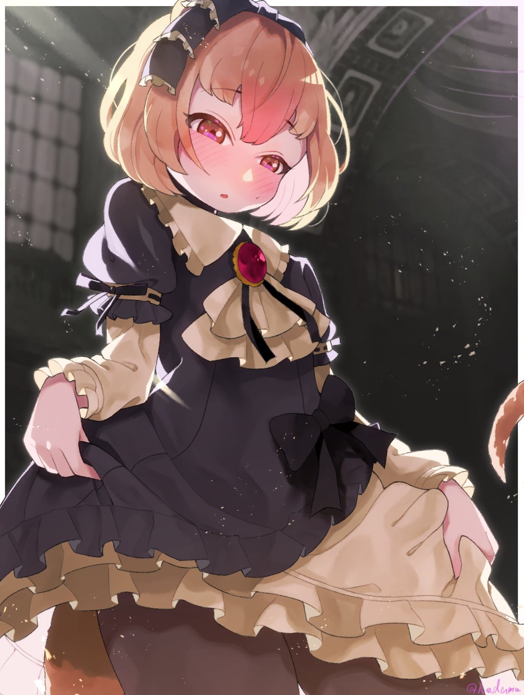 1girl anteater_tail asymmetrical_dress black_bow black_dress black_pantyhose blush bow collar dress frilled_collar frilled_dress frilled_sleeves frills hair_between_eyes highres kedama_(ughugjydthjdf) kemono_friends kemono_friends_3 long_sleeves multicolored_hair neckerchief official_alternate_costume pantyhose pink_eyes pink_hair puffy_short_sleeves puffy_sleeves short_hair short_sleeves sidelocks silky_anteater_(kemono_friends) solo sweatdrop white_dress white_neckerchief