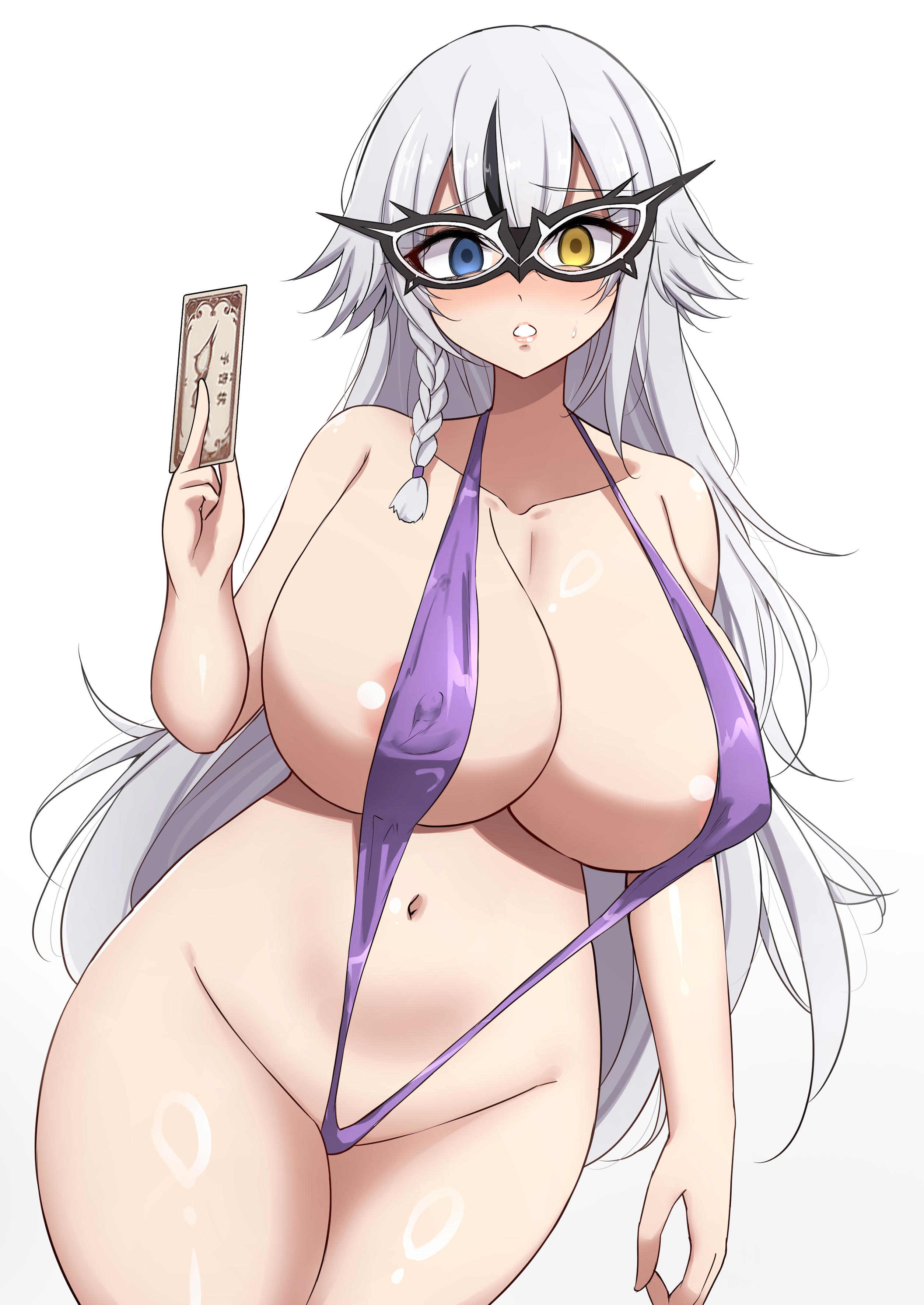 1girl :o absurdres blue_eyes braid breasts card collarbone covered_erect_nipples embarrassed goddess_of_victory:_nikke highres holding holding_card huge_breasts long_hair looking_at_viewer mask mistynight multicolored_eyes multicolored_hair navel phantom_(nikke) purple_slingshot_swimsuit revealing_clothes simple_background slingshot_swimsuit swimsuit white_background white_hair yellow_eyes