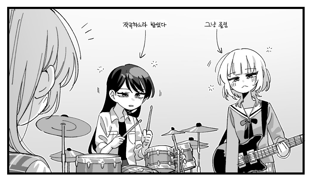 3girls bang_dream! bang_dream!_it&#039;s_mygo!!!!! blush chihaya_anon closed_mouth collarbone commentary_request drum drum_set drumsticks electric_guitar greyscale guitar hanasakigawa_school_uniform holding holding_drumsticks holding_guitar holding_instrument instrument kaname_raana korean_commentary korean_text long_hair mole mole_under_eye monochrome multiple_girls neonfloyd parted_lips sailor_collar school_uniform shiina_taki sleepy squeans translation_request wolf_cut