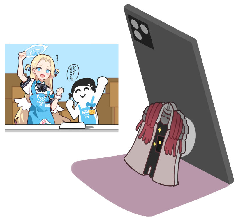 1girl 2boys angel&#039;s_24_uniform_(blue_archive) angel_wings apron arm_up black_bow black_bowtie blonde_hair blue_apron blue_archive blue_eyes blue_halo blush bow bowtie cellphone collared_shirt doodle_sensei_(blue_archive) fang halo ideolo long_hair multiple_boys open_mouth phone phrenapates_(blue_archive) polo_shirt scrunchie sensei_(blue_archive) shirt short_sleeves simple_background smartphone smile sora_(blue_archive) two_side_up white_background white_scrunchie white_shirt white_wings wings wrist_scrunchie