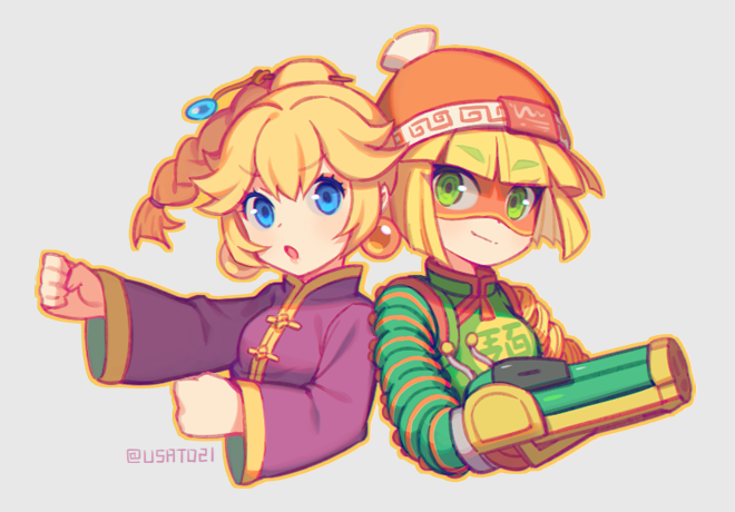 2girls arms_(game) beanie blonde_hair blue_eyes braid braided_ponytail chinese_clothes domino_mask dragon_(arms) fighting_stance green_eyes hat kung_fu_peach mario_(series) mask min_min_(arms) multiple_girls nintendo princess_peach princess_peach:_showtime! upper_body wusagi2