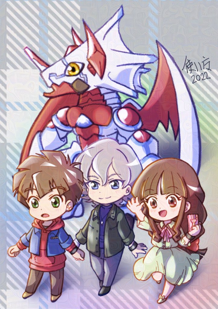 amanokawa_hiro blue_eyes brown_hair canoweissmon digimon digimon_ghost_game dragon green_eyes higashimitarai_kiyoshiro long_hair pink_eyes short_hair tsukiyono_ruli white_hair