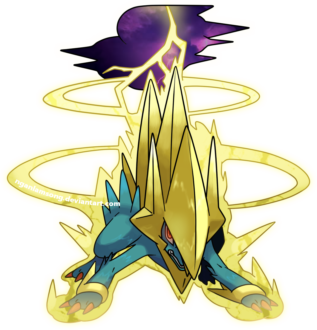 animal_focus claws clenched_teeth electricity facing_viewer full_body gen_3_pokemon glowing glowing_eyes looking_at_viewer manectric mega_manectric mega_pokemon nganlamsong nintendo no_humans pokemon pokemon_(creature) red_eyes sharp_teeth solo spiked_hair standing teeth