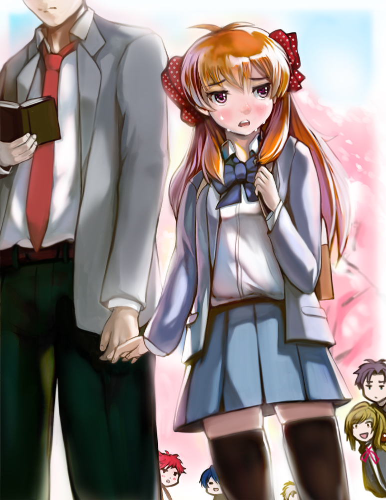 10s 3girls 4boys bag black_legwear blazer blush bow character_request comic-z flat_chest gekkan_shoujo_nozaki-kun hair_bow holding_hands head_out_of_frame height_difference hori_masayuki jacket kashima_yuu long_hair mikoshiba_mikoto multiple_boys multiple_girls nozaki_umetarou orange_hair pleated_skirt polka_dot polka_dot_bow purple_eyes sakura_chiyo school_uniform seo_yuzuki skirt solo_focus sweatdrop thighhighs wakamatsu_hirotaka zettai_ryouiki