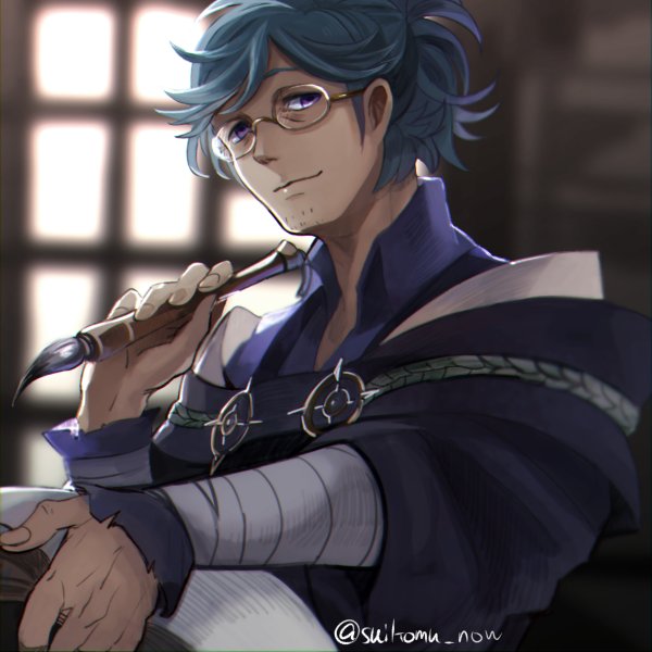 1boy blue_hair book collared_shirt facial_hair fire_emblem fire_emblem_fates glasses holding holding_pen indoors japanese_clothes long_sleeves looking_at_viewer nintendo pen ponytail shirt stubble suikomu_now upper_body window yukimura_(fire_emblem)