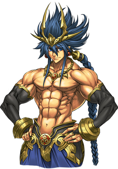 blue_hair bracelet cho_aniki cho_aniki_zero earrings idaten jewelry lots_of_jewelry manly muscular necklace official_art ornament pointy_ears