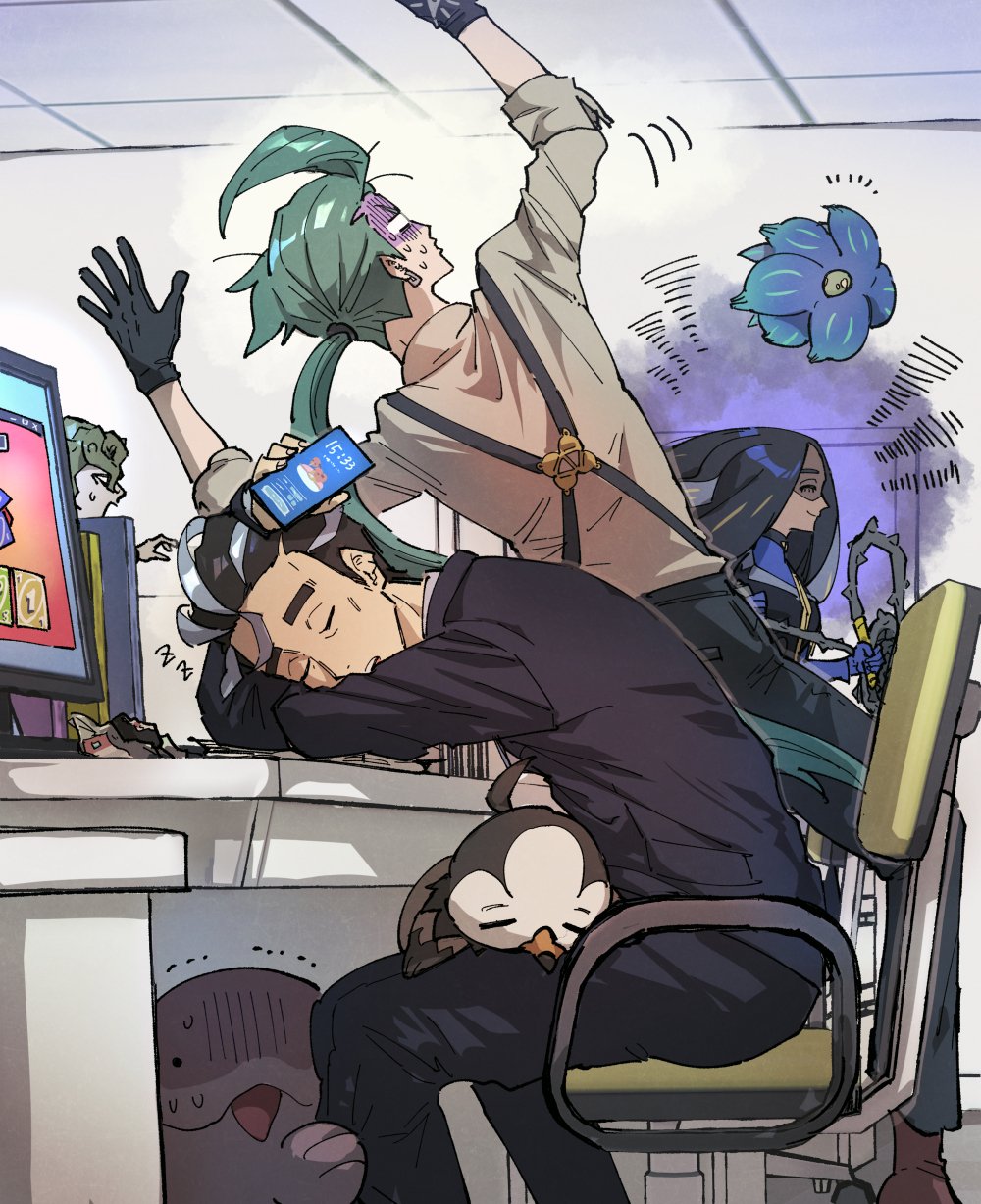 2boys 2girls androgynous angry animal arms_on_table arms_up aura bird black_gloves black_hair black_pants blank_eyes blue_gloves brassius_(pokemon) brown_footwear brown_shirt business_suit cellphone chair clodsire closed_eyes closed_mouth collared_shirt commentary_request computer dark-skinned_female dark_aura dark_skin desk earrings eyelashes false_smile fingernails flying formal_clothes geeta_(pokemon) gen_4_pokemon glimmora gloves grey_hair hands_up hiding high_collar highres holding holding_phone holding_weapon holding_whip indoors jewelry korokoro_daigorou larry_(pokemon) leaning leaning_to_the_side long_hair long_sleeves low_ponytail monitor motion_lines multicolored_hair multiple_boys multiple_girls nervous nintendo notice_lines office on_chair pants phone pocket pokemon pokemon_(creature) pokemon_sv ponytail reaching reaching_towards_another rika_(pokemon) salaryman scared shirt shoes sitting sleeping smartphone smile standing starly suit suspenders sweat sweatdrop teeth thorns trembling turn_pale two-tone_hair under_table uno_(game) upper_teeth_only very_long_hair video_game wavy_hair weapon whip wrapper zzz
