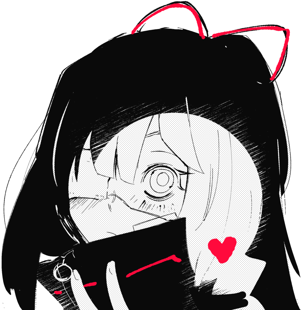 1girl bandaid bandaid_on_face eyepatch hair_ribbon half_updo hand_up heart jacket library_of_ruina long_hair looking_at_viewer madotsuki_ren medical_eyepatch portrait project_moon red_ribbon red_trim ribbon shi_association_south_uniform solo spot_color tenma_(project_moon) v very_long_hair