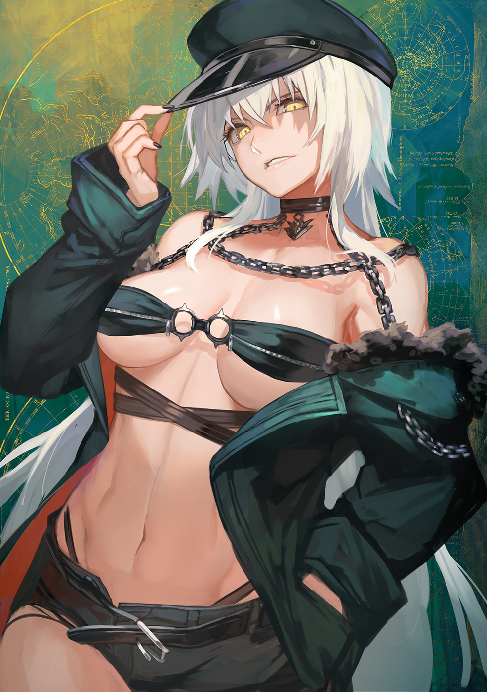 1girl abstract_background bare_shoulders belt bikini black_bikini black_headwear black_nails black_shorts breasts chain collar cowboy_shot fate/grand_order fate_(series) fur-trimmed_jacket fur_trim green_jacket hand_on_headwear hand_up highres jacket jeanne_d&#039;arc_(fate) jeanne_d&#039;arc_alter_(avenger)_(fate) jeanne_d&#039;arc_alter_(fate) lack large_breasts long_hair long_sleeves looking_at_viewer nail_polish navel o-ring o-ring_bikini off_shoulder open_clothes open_jacket parted_lips shorts silver_hair smile solo stomach swimsuit underboob very_long_hair yellow_eyes
