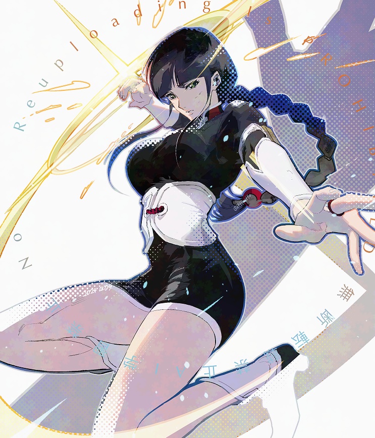 1girl black_dress black_hair bleach boots braid cofffee corset dress green_eyes hair_ribbon kurotsuchi_nemu legs long_braid long_hair looking_at_viewer pernida_parnkgjas red_ribbon ribbon shadow shinigami solo thighs white_background white_boots white_corset white_sleeves