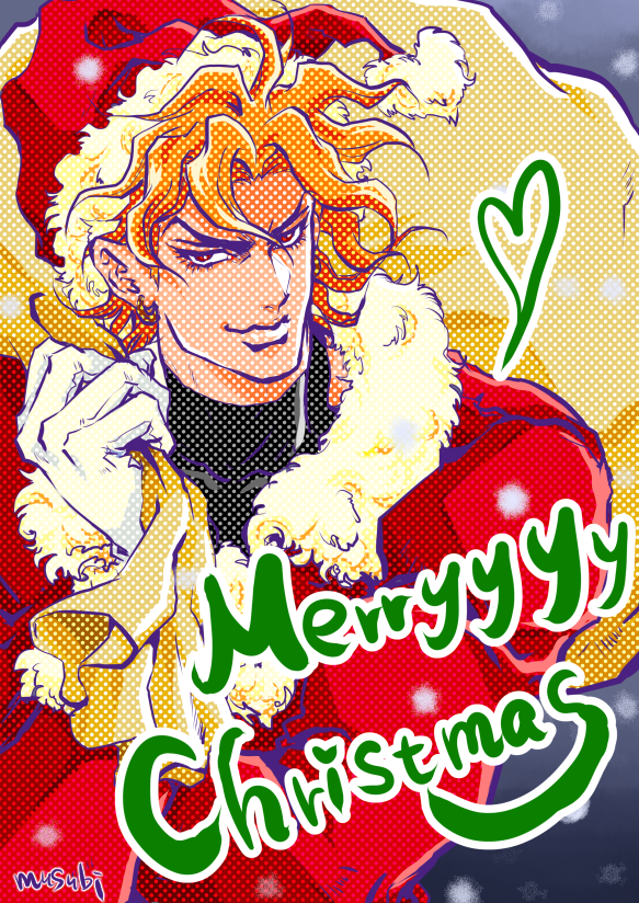 1boy blonde_hair cheekbones dio_brando earrings gloves halftone hat jewelry jojo_no_kimyou_na_bouken male_focus merry_christmas musubi_(livnehe) pun red_eyes sack santa_costume santa_hat smile smirk solo stardust_crusaders white_gloves wryyyyyyyyyyyyyyyyyyyy