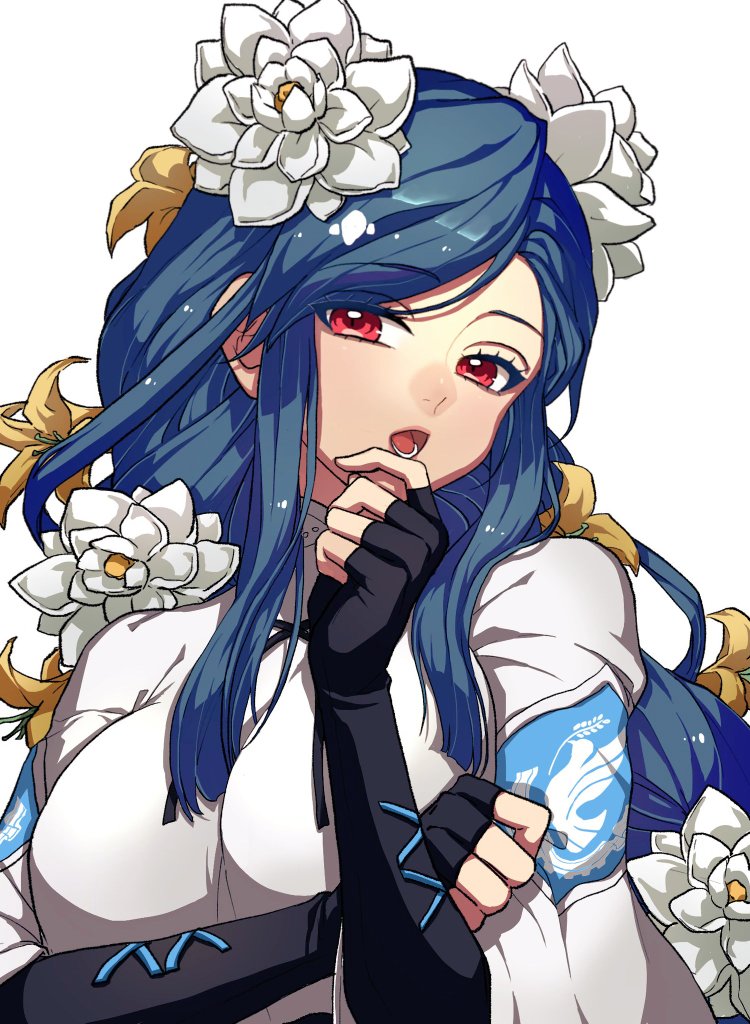 1girl blue_hair dizzy_(guilty_gear) dress ebi_pri_shrimp flower guilty_gear guilty_gear_strive hair_flower hair_ornament long_hair queen_dizzy red_eyes simple_background solo upper_body white_background white_dress