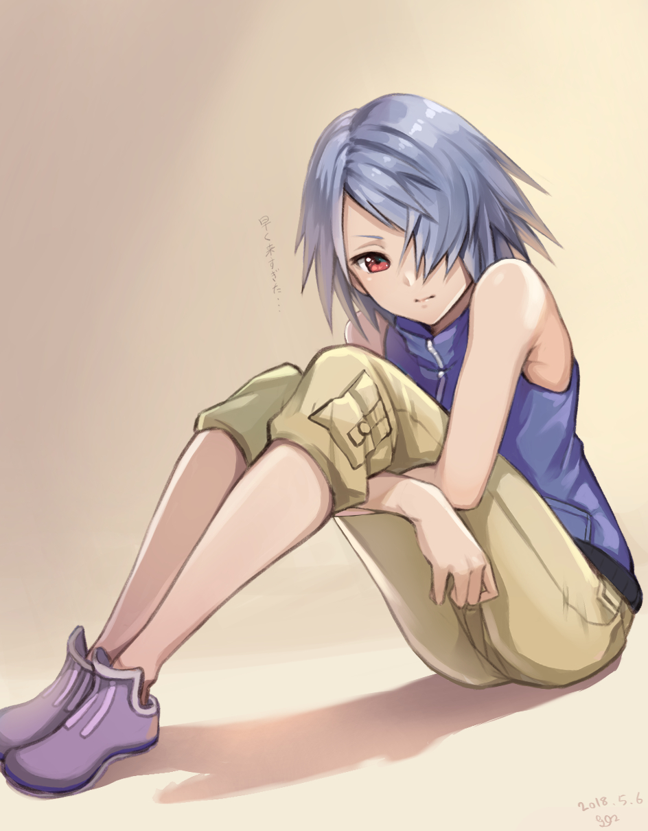 1girl 2018 bare_shoulders blue_shirt capri_pants closed_mouth dated female_focus full_body fuujin_(ff8) gogo_(detteiu_de) grey_hair hair_over_one_eye highres hugging_own_legs kingdom_hearts kingdom_hearts_ii legs_together looking_at_viewer pants purple_shoes red_eyes shadow shirt shoes short_hair signature sitting sleeveless sleeveless_shirt solo translation_request