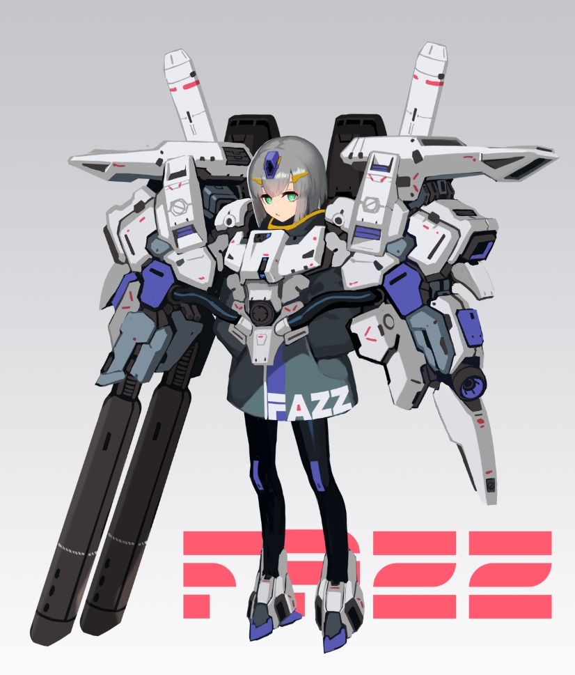 1girl armor beam_cannon coat fazz_(gundam) female_focus full_body green_eyes grey_background grey_hair gundam hands_in_pockets leggings looking_at_viewer mecha_musume nakamura_eight personification solo thrusters tube