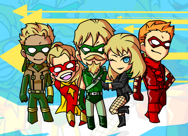 2boys 2girls arrow_(projectile) black_canary blonde_hair blue_eyes bow_(weapon) cape connor_hawke dark_skin dc_comics domino_mask facial_hair family father_and_son fishnets green_arrow green_arrow_(series) husband_and_wife image_sample mask mia_dearden multiple_boys multiple_girls mustache oliver_queen orange_hair pixiv_sample red_arrow resized roy_harper smile speedy weapon wink