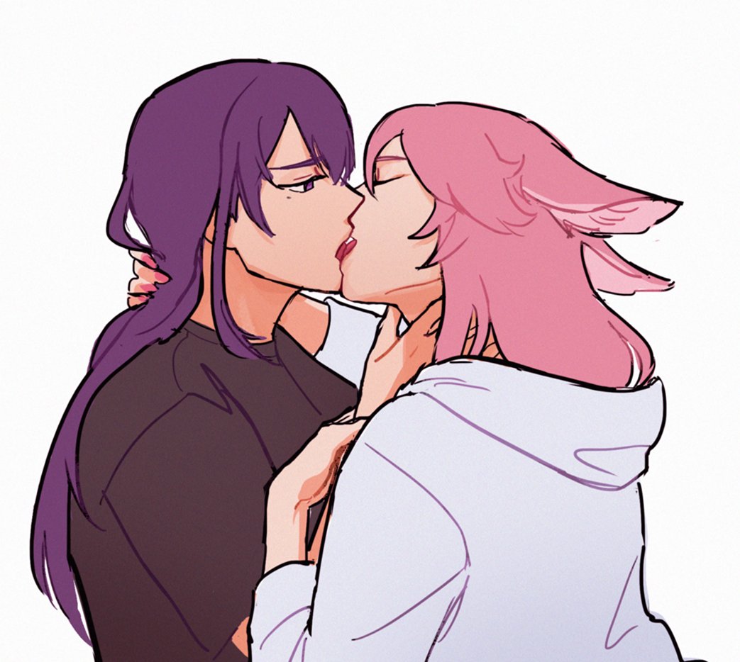 animal_ears arm_behind_head black_shirt closed_mouth fox_ears french_kiss fuyoart genshin_impact hand_in_another&#039;s_hair hand_on_another&#039;s_neck hand_on_another&#039;s_wrist hood hoodie kiss long_hair lowered_eyelids mole mole_under_eye pink_hair pink_nails purple_eyes purple_hair raiden_shogun shirt short_sleeves white_background white_hoodie yae_miko yuri