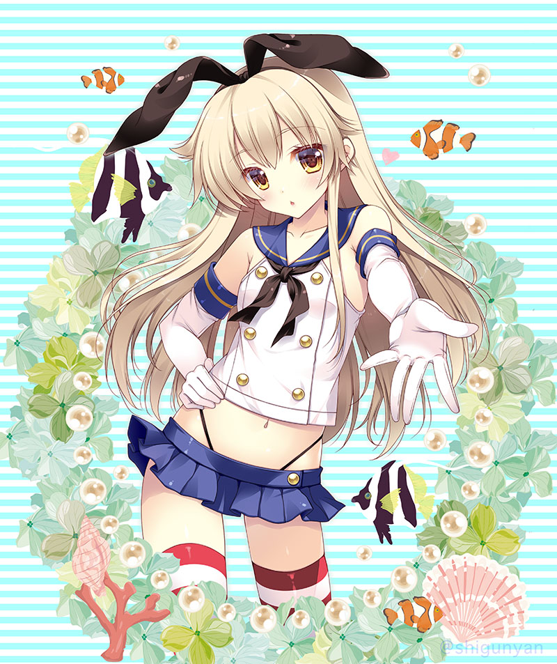 1girl anchor anchor_hair_ornament black_hairband black_panties blonde_hair blue_skirt blush butterflyfish clownfish coral crop_top elbow_gloves fish gloves hair_ornament hairband highleg highleg_panties innertube kantai_collection lifebuoy long_hair looking_at_viewer microskirt midriff navel outstretched_arm panties reaching reaching_towards_viewer sailor_collar school_uniform shigunyan shimakaze_(kancolle) skirt solo striped_background striped_clothes striped_thighhighs swim_ring thighhighs tropical_fish underwear white_gloves yellow_eyes