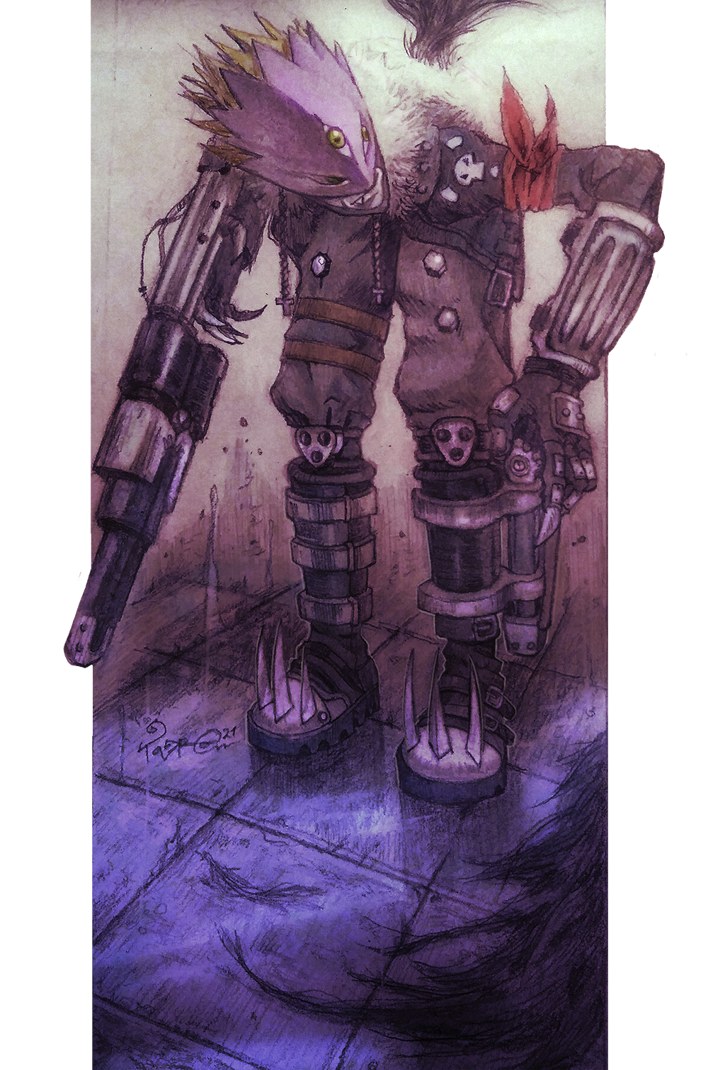 1boy 2021 arm_cannon arm_guards arm_scarf bandana bandana_around_arm beelzebumon beelzebumon_blast_mode bent_over black_boots black_gloves black_jacket black_pants black_wings blonde_hair boots claws colored_skin digimon digimon_(creature) expressionless fake_claws fang fang_out full_body fur-trimmed_jacket fur_trim gloves green_eyes grey_skin gun highres holding holding_gun holding_weapon inktober jacket knee_boots knee_pads leg_holster looking_to_the_side male_focus painting_(medium) pants purple_mask red_bandana short_hair single_wing skull_print solo spiked_boots spiked_hair steel-toe_boots taragraphika third_eye tile_floor tiles traditional_media watercolor_(medium) weapon wings