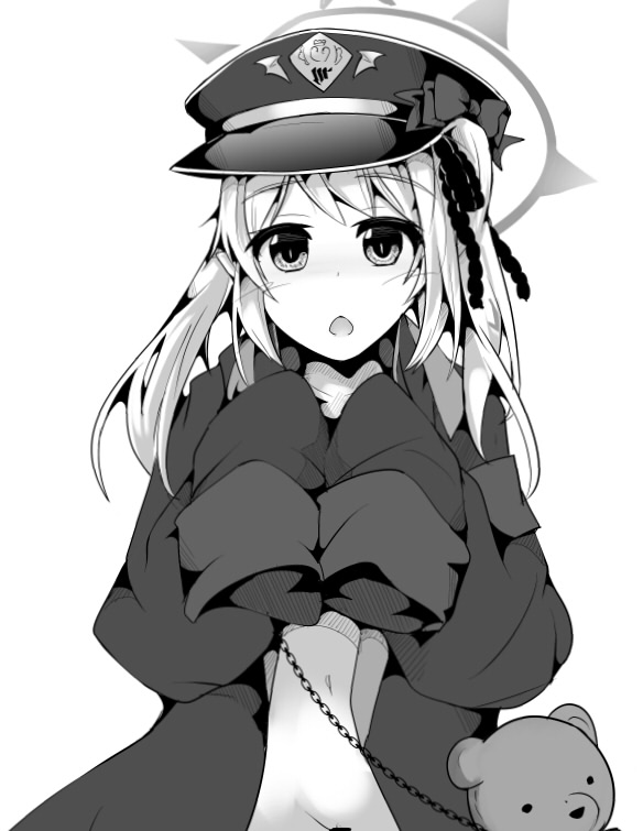 1girl armband blue_archive bow chestnut_mouth coat commentary_request dot_nose expressionless gehenna_academy_logo greyscale hair_ribbon halo hands_up hat hat_bow ibuki_(blue_archive) light_blush long_hair long_sleeves looking_at_viewer military_hat monochrome naked_coat navel open_clothes open_coat open_mouth peaked_cap ribbon school_emblem side_ponytail simple_background sleeves_past_fingers sleeves_past_wrists solo straight-on stuffed_animal stuffed_toy tano teddy_bear upper_body white_background