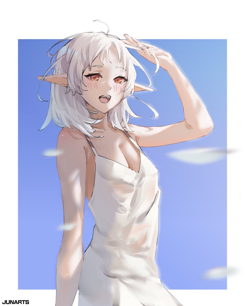 1girl ahoge artist_name bare_arms bare_shoulders blush border breasts cleavage collarbone commentary dress elf english_commentary hand_up highres junarts medium_hair mushoku_tensei open_mouth orange_eyes outside_border pointy_ears small_breasts solo sylphiette_(mushoku_tensei) teeth upper_teeth_only white_border white_dress white_hair