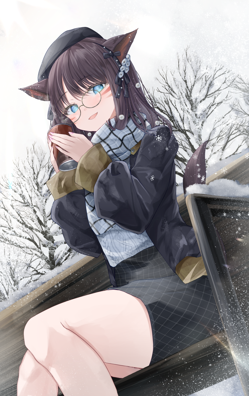 1girl animal_ears aran_sweater bare_tree bench beret black_hairband black_hat black_jacket black_skirt blue_eyes blue_scarf blue_sweater brown_hair cable_knit can cloud cloudy_sky commentary_request commission facial_mark feet_out_of_frame final_fantasy final_fantasy_xiv glasses grey_sky hairband hat highres holding holding_can jacket kurage_cc long_sleeves looking_at_viewer miqo&#039;te on_bench original outdoors pencil_skirt plaid_clothes plaid_scarf round_eyewear scarf sitting skeb_commission skirt sky smile snow snowflakes snowing solo sweater tree warrior_of_light_(ff14) whisker_markings winter yellow-framed_eyewear