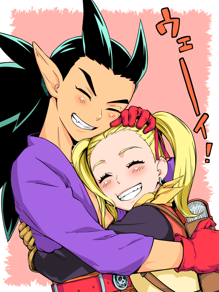 1boy 1girl arms_around_waist asuka_(pixiv3381855) backpack bag belt belt_buckle black_hair black_shirt blonde_hair blush border buckle chin_rest closed_eyes commentary_request dark-skinned_male dark_skin dragon_quest dragon_quest_builders_2 dress earrings fang female_builder_(dqb2) gloves grin hair_horns hair_pulled_back hair_ribbon hand_on_another&#039;s_head hands_on_another&#039;s_back head_on_head head_rest hoop_earrings hug jewelry low_ponytail neckerchief necklace open_clothes open_shirt orange_pants pants pointy_ears ponytail purple_shirt red_belt red_dress red_gloves red_ribbon ribbon shirt shirt_under_dress sidoh_(dqb2) silver_earrings skull_belt smile spiked_hair tooth_necklace twintails two-tone_dress upper_body white_border white_dress yellow_gloves yellow_neckerchief