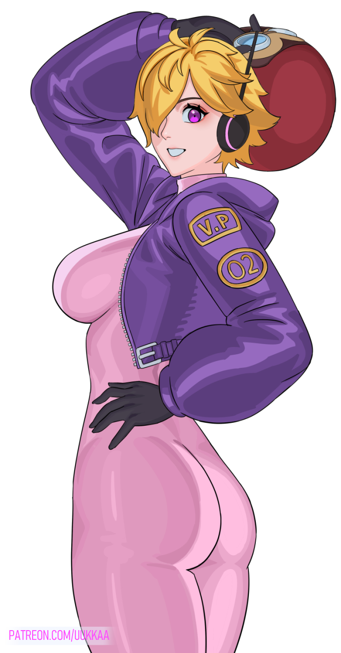 1girl arm_up ass black_gloves blonde_hair bodysuit breasts cowboy_shot cropped_jacket from_behind gloves hair_over_one_eye hand_on_own_hip headphones helmet highres holding holding_helmet jacket large_breasts long_sleeves looking_at_viewer looking_back looking_to_the_side one_piece open_clothes open_jacket paid_reward_available parted_lips patreon_username pink_bodysuit pink_eyes purple_jacket short_hair solo turtleneck turtleneck_bodysuit uukkaa vegapunk_lilith white_background