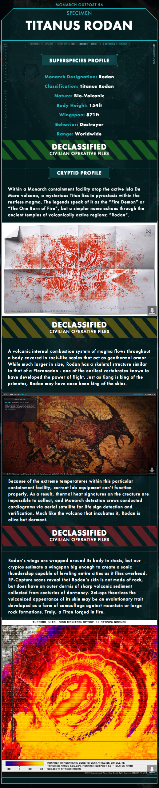 absurdres archery arrow_(projectile) beak blood bow_(weapon) cave_paintings character_profile conspiracy elemental_(creature) fire_elemental giant giant_monster godzilla:_king_of_the_monsters godzilla_(series) hieroglyphics highres horns infrared kaiju lava legendary_pictures monarch_(monsterverse) monster monsterverse mural no_humans official_art promotional_art pterosaur rodan satellite_view science sketch spikes text_focus thermal_imaging thermography toho viral_marketing volcano weapon wings