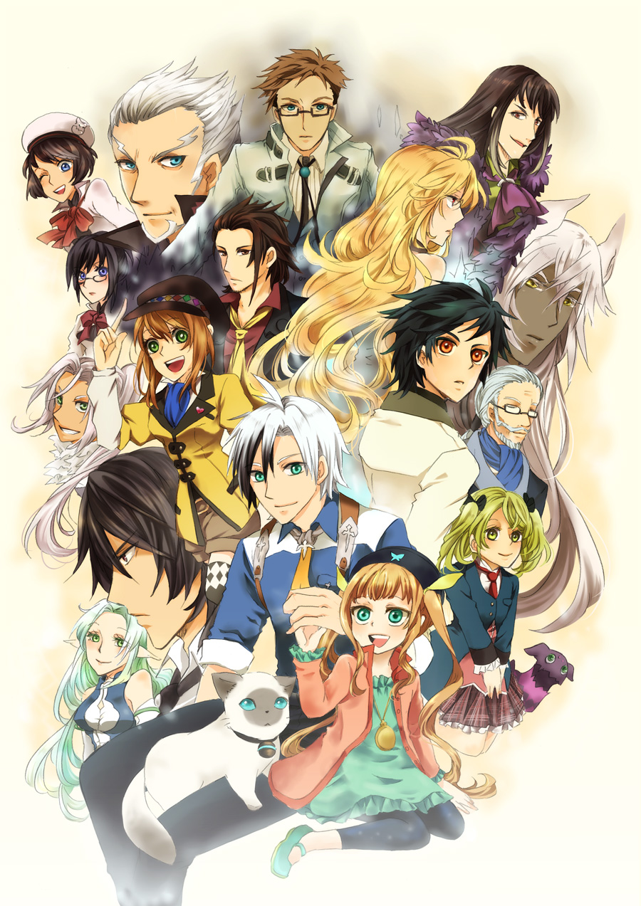 6+boys 6+girls alvin_(tales) aqua_eyes bisley_karcsi_bakur black_hair blonde_hair blue_eyes brown_hair cat elize_lutus elle_mel_martha gaius_(tales) glasses green_eyes highres ivar_(tales) jude_mathis julius_will_kresnik khronos leia_rolando long_hair ludger_will_kresnik rollo_(tales) milla_(fractured) multiple_boys multiple_girls muzet_(tales) nova_(tales_of_xillia_2) one_eye_closed pointy_ears rideau rowen_j._ilbert short_hair smile tales_of_(series) tales_of_xillia tales_of_xillia_2 teepo_(tales) vel_(tales_of_xillia_2) white_hair wink