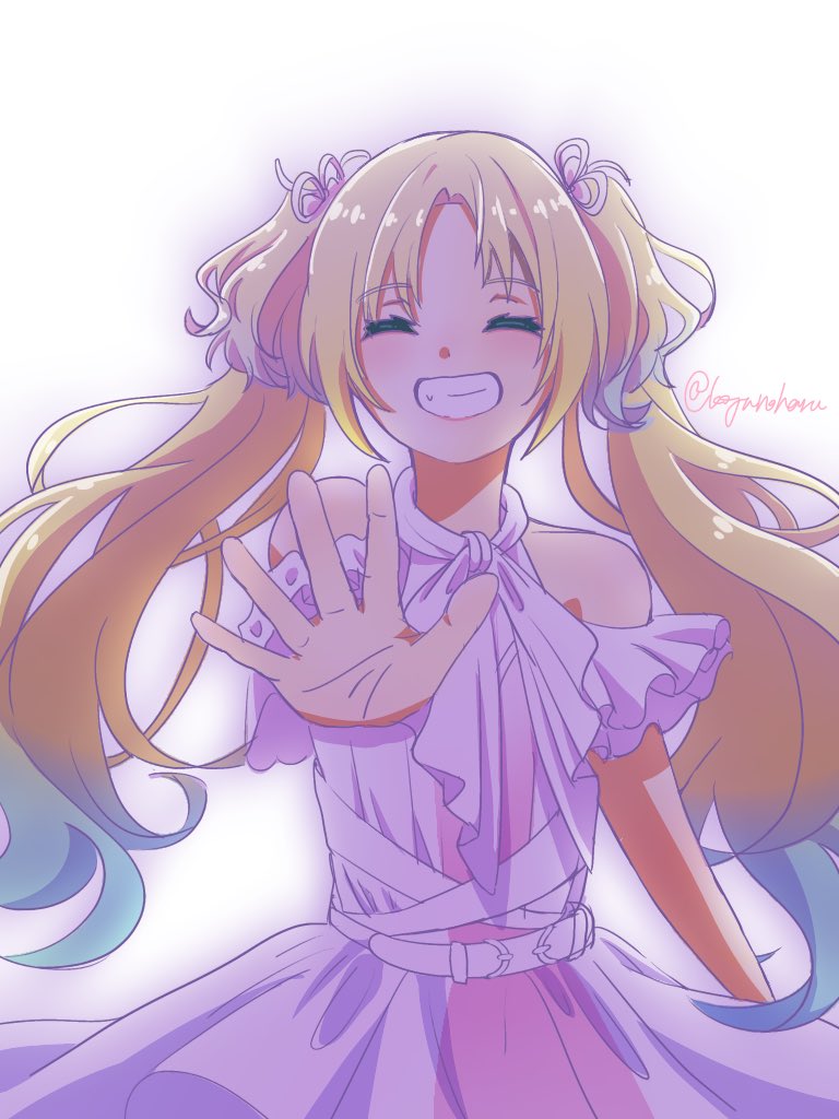 1girl :d ^_^ blonde_hair blue_hair closed_eyes clothing_cutout commentary_request dress facing_viewer gradient_clothes gradient_dress gradient_hair grin hair_ribbon kigucha light_blue_hair link!_like!_love_live! link_to_the_future_(love_live!) long_hair love_live! multicolored_hair official_alternate_costume open_hand open_mouth osawa_rurino outer_glow parted_bangs pink_dress ribbon shoulder_cutout smile solo twintails twitter_username two-tone_dress upper_body virtual_youtuber white_background white_dress white_ribbon