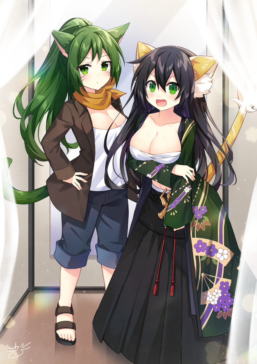 2girls :o animal_ear_fluff animal_ears bandana bandana_around_neck binato_lulu black_hair black_skirt blue_shorts blush breasts brown_jacket brown_sandals cat_ears cat_girl cat_tail cleavage commentary commission cosplay costume_switch denim denim_shorts double-parted_bangs dressing_room dual_persona english_commentary final_fantasy final_fantasy_xiv floral_print green_eyes green_hair green_kimono hands_on_own_hips highres jacket japanese_clothes kimono kimono_partially_removed large_breasts light_blush long_hair long_skirt miqo&#039;te multiple_girls open_clothes open_jacket open_mouth original parted_lips pleated_skirt ponytail sandals shorts signature skirt sollyz_(sollyz) strapless tail tube_top v-shaped_eyebrows warrior_of_light_(ff14) white_tube_top yellow_bandana