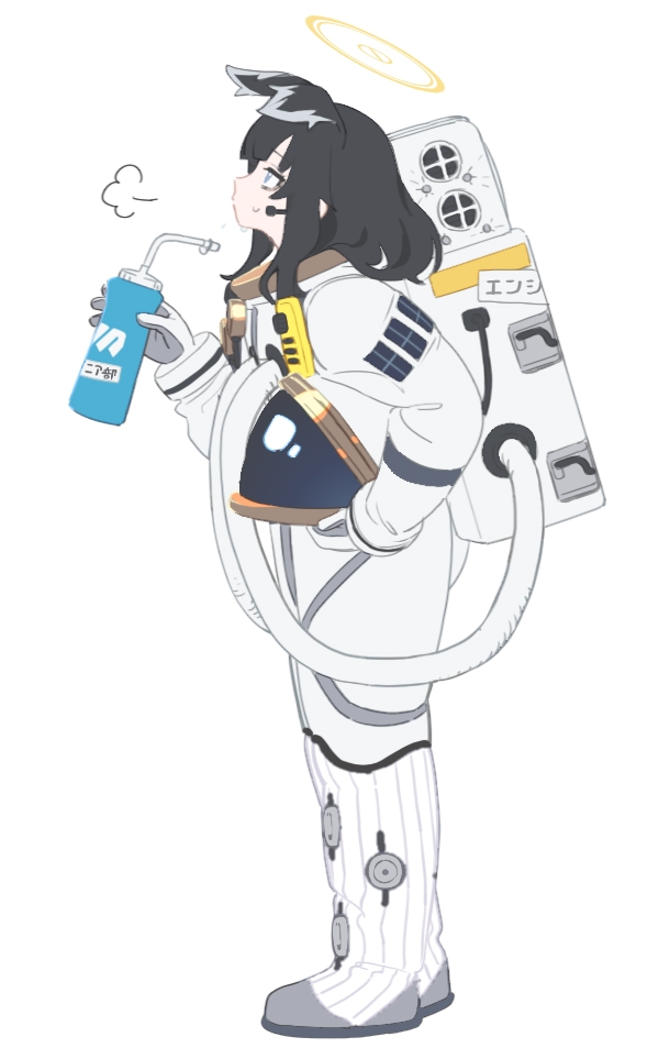 1girl animal_ears astronaut black_hair blue_archive bottle breath concept_art cup dog_ears dog_girl dog_tail drinking_straw from_side halo hand_in_pocket heavy_breathing helmet hibiki_(blue_archive) holding holding_bottle long_hair long_sleeves mimitoke simple_background solo space_helmet spacesuit steam sweat tail water_bottle white_background yellow_halo