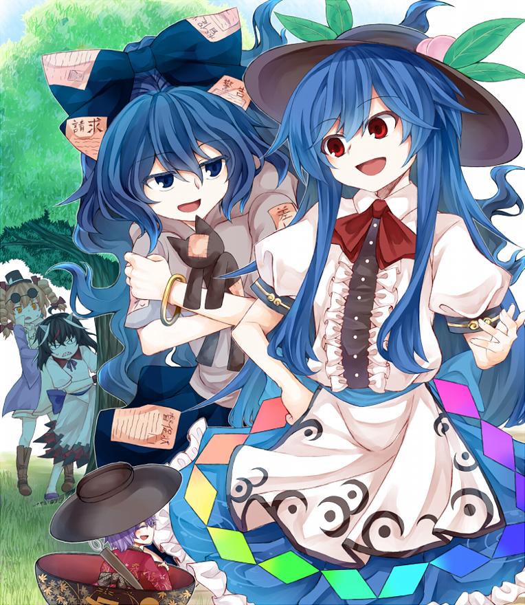 5girls :d apron back_bow bangle black_hair black_headwear blouse blue_bow blue_eyes blue_hair blue_skirt boots bow bowl bowl_hat bowtie bracelet brown_footwear buttons closed_eyes coat cone_horns damaged debt dress drill_hair eyewear_on_head food frills fruit grass grey_hoodie grey_horns hair_between_eyes hair_bow hat hat_bow high_collar hinanawi_tenshi hood hood_down hoodie horns in_bowl in_container japanese_clothes jewelry kijin_seija kimono light_brown_hair long_hair medium_hair mini_hat mini_person mini_top_hat minigirl multicolored_hair multiple_girls neck_ribbon necklace needle_sword obi open_mouth orange_eyes peach puffy_short_sleeves puffy_sleeves purple_bow purple_hair rainbow_order red_bow red_bowtie red_eyes red_kimono ribbon round_eyewear sash shirt short_hair short_sleeves siblings sisters skirt smile standing stuffed_animal stuffed_cat stuffed_toy sukuna_shinmyoumaru sunglasses top_hat touhou tree twin_drills very_long_hair white_dress white_shirt yorigami_jo&#039;on yorigami_shion zetsumame