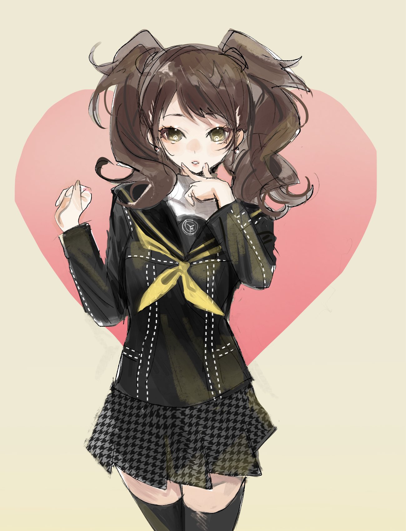 1girl black_sailor_collar black_shirt black_thighhighs brown_eyes brown_hair cowboy_shot earrings hand_to_own_mouth hands_up heart heart_background highres houndstooth jewelry kujikawa_rise long_sleeves looking_at_viewer meameeea neckerchief parted_lips persona persona_4 sailor_collar school_uniform shirt solo sphere_earrings thighhighs twintails v v_over_mouth yasogami_school_uniform yellow_neckerchief