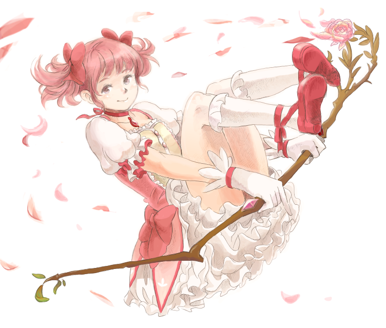 10s bow branch choker crystal flower frills gloves hair_bow kaname_madoka kaname_madoka_(magical_girl) ma-hain-scarlet mahou_shoujo_madoka_magica mahou_shoujo_madoka_magica_(anime) petals petticoat pink_eyes pink_hair puffy_sleeves short_hair smile solo soul_gem twintails