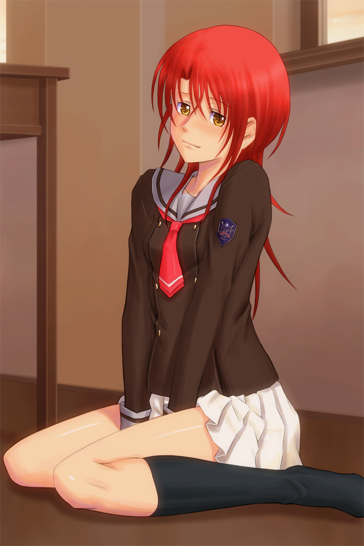 1girl between_legs black_shirt black_socks blush bonnie_(rsg) closed_mouth collared_shirt hair_between_eyes hand_between_legs hino_kahoko kneehighs la_corda_d&#039;oro long_hair long_sleeves miniskirt neckerchief pleated_skirt red_hair red_neckerchief sailor_collar sailor_shirt school_uniform serafuku shirt sitting skirt smile socks solo straight_hair very_long_hair wariza white_sailor_collar white_skirt yellow_eyes