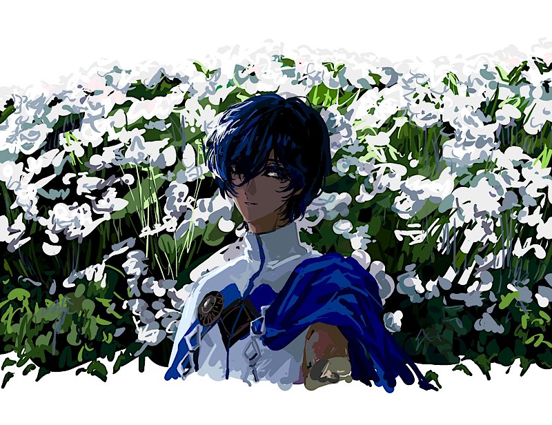 1boy arjuna_(fate) black_eyes black_hair cropped_torso dark-skinned_male dark_skin fate/grand_order fate_(series) floral_background hair_between_eyes indian_clothes male_focus ngg_n short_hair solo