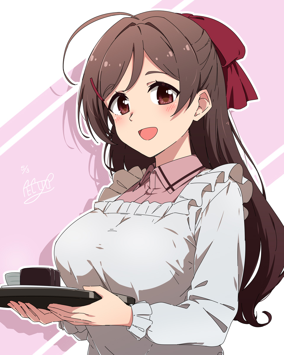 1girl ahoge apron breasts brown_eyes brown_hair collared_shirt frilled_kappougi hair_ornament hair_ribbon hairclip half_updo highres kantai_collection kappougi large_breasts long_hair mamiya_(kancolle) necono_(nekonosora1207) one-hour_drawing_challenge pink_shirt ribbon shirt smile solo tray