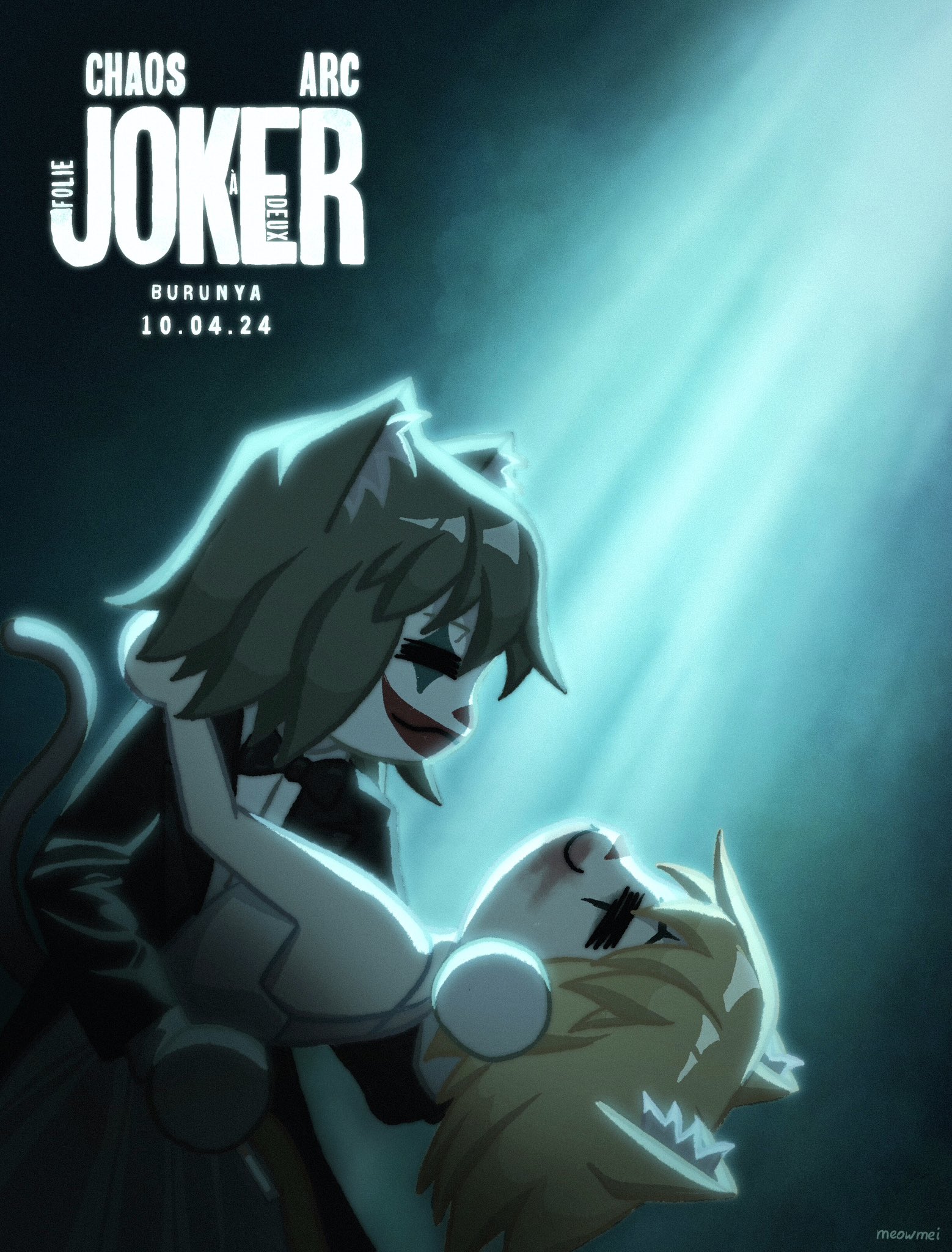 1boy 1girl :3 =_= animal_ears arthur_fleck batman_(series) blonde_hair card carnival_phantasm cat_ears cat_girl cat_tail clown cosplay dc_comics dress facepaint formal_clothes grey_hair harley_quinn highres joker joker:_folie_à_deux joker_(2019) joker_(dc)_(cosplay) lee_quinzel makeup melty_blood meowmei neco-arc neco-arc_chaos parody playing_card poster_parody suit tail the_joker tsukihime tuxedo type-moon white_dress