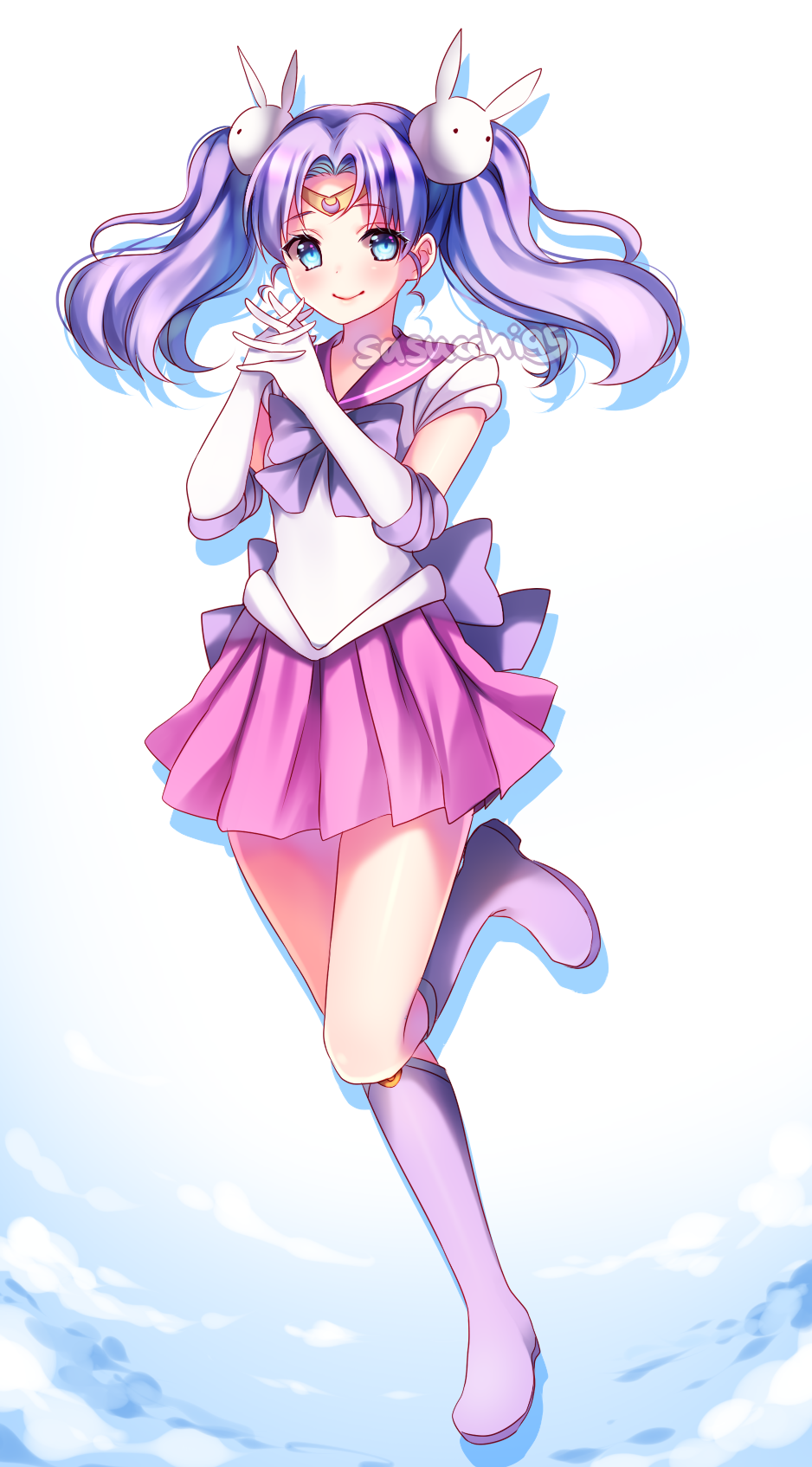 1girl artist_name back_bow bishoujo_senshi_sailor_moon blue_background blue_eyes boots bow bowtie character_request circlet closed_mouth cloud commentary commission crescent curtained_hair drop_shadow elbow_gloves english_commentary full_body gloves hair_ornament hands_up highres interlocked_fingers knee_boots long_hair looking_at_viewer miniskirt own_hands_together parted_bangs pink_sailor_collar pink_skirt pleated_skirt purple_boots purple_bow purple_bowtie rabbit_hair_ornament sailor_collar sasucchi95 shirt short_sleeves simple_background skirt smile solo standing standing_on_one_leg twintails two-tone_background white_background white_gloves white_shirt