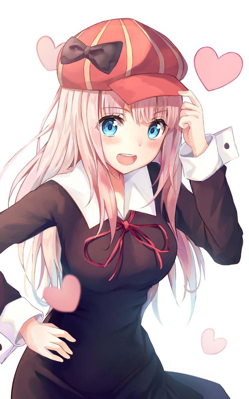 1girl :d black_bow black_dress blue_eyes blunt_bangs blush bow breasts chikattochikachika_(kaguya-sama_wa_kokurasetai) dress female_focus fujiwara_chika hair_bow hat heart highres kaguya-sama_wa_kokurasetai_~tensai-tachi_no_renai_zunousen~ large_breasts long_hair long_sleeves looking_at_viewer neck_ribbon open_mouth pink_hair red_hat red_ribbon ribbon sailor_collar school_uniform shuuchiin_academy_school_uniform simple_background smile solo teeth upper_body upper_teeth_only white_background white_sailor_collar