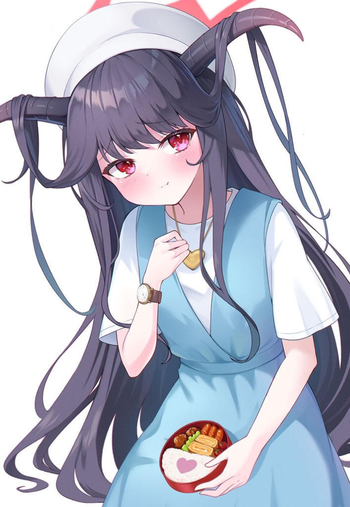 1girl beret black_hair blue_archive blue_dress blush closed_mouth demon_girl demon_horns dress fuuka_(blue_archive) fuuka_(casual)_(blue_archive) hair_on_horn halo hat heart_pendant horns jewelry jitome long_hair looking_at_viewer official_alternate_costume official_alternate_hairstyle pendant red_halo shinori_(efvbji6264) shirt short_sleeves sidelocks simple_background sleeveless sleeveless_dress solo very_long_hair white_background white_hat white_shirt